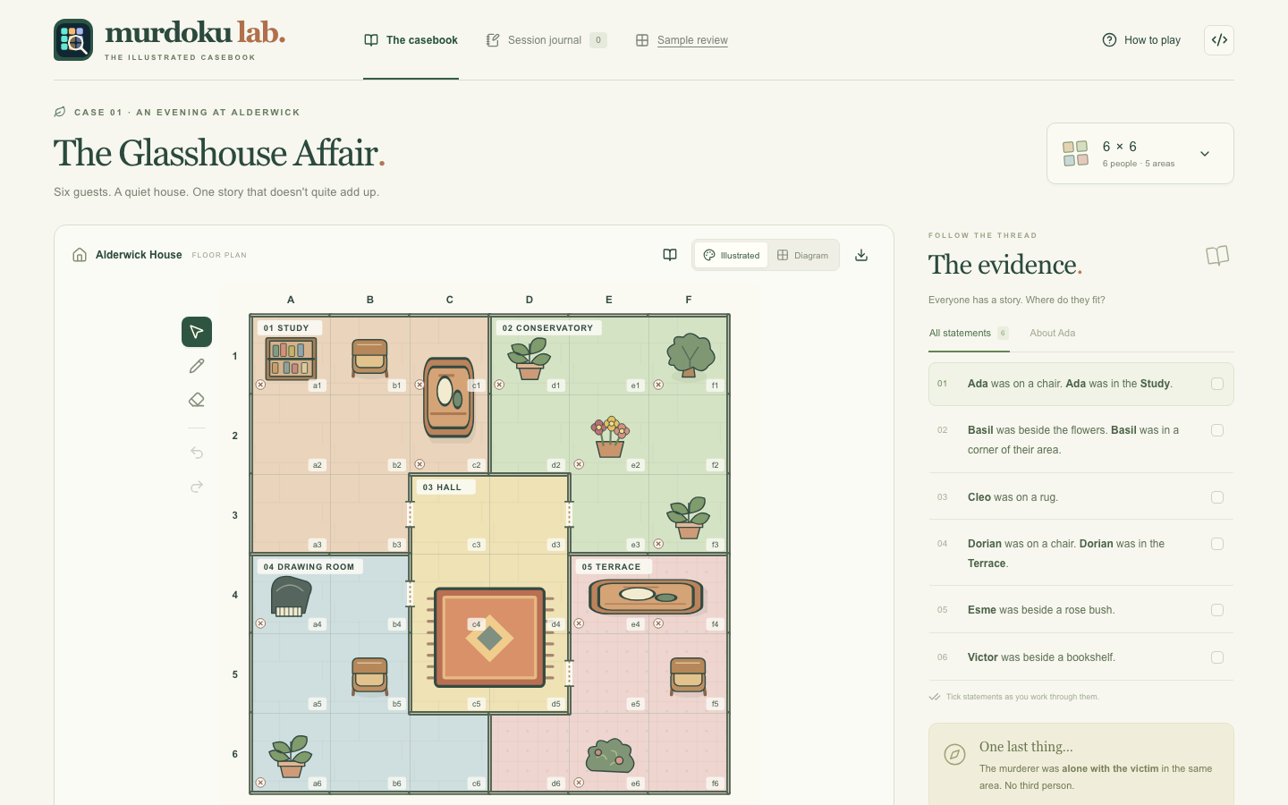 Murdoku demo with illustrated board and clues