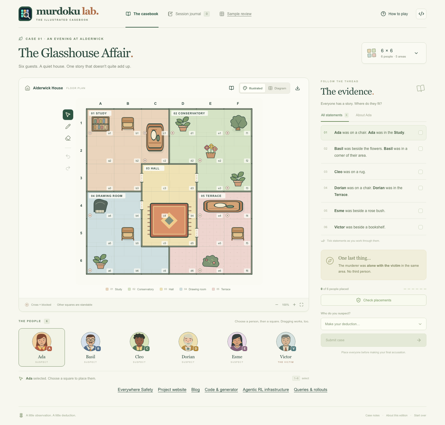 Playable Murdoku frontend with a board, evidence statements and cast